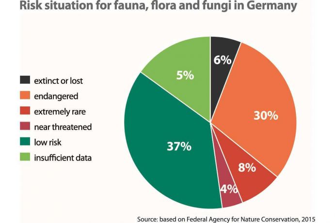 Risk situation for fauna, flora and fungi in Germany Sie ist die Grundlage unserer Existenz: Die biologische Vielfalt. Sie trägt zur Klimaregulierung und Trinkwassererzeugung bei und liefert dem Menschen Nahrungs- und Heilmittel. Der steigende Verbrauch natürlicher Ressourcen zerstört Ökosysteme und führt zur drastischen Reduzierung der Artenvielfalt auf der ganzen Welt.Diese Grafik stammt aus der aktuellen Ausgabe von Perspektive Erde „Artenvielfalt: Das große Sterben?“, die Beispiele aus der BMBF-Förderung von Forschungsprojekten zum Schutz und zur nachhaltigen Nutzung von Biodiversität präsentiert.Weitere Informationen zu IPBES und der Rolle deutscher Wissenschaftler im IPBES-Prozess finden Sie in der Ausgabe von Perspektive Erde "Artenvielfalt: Das große Sterben?", die Sie hier herunterladen können: www.fona.de/biodiversity