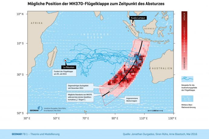 Die Grafik zeigt die wahrscheinlichsten Positionen der auf La R&eacute;union gefundenen Fl&uuml;gelklappe zum Zeitpunkt des Absturzes.