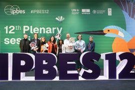 Deutsche Delegation auf der 12. Sitzung der IPBES-Vollversammlung in Manchester, Großbritannien.
Von links nach rechts: Marco Grimm, Julia Kloos (beide Deutsche IPBES-Koordinierungsstelle), Natascha Lewandowski, Verena Klinger-Dering, Warthane Puvanarajah (alle Bundesministerium für Umwelt, Klimaschutz, Naturschutz und nukleare Sicherheit), Lennart Kümper-Schlake, Edgar Schütte, (beide Bundesamt für Naturschutz) und Mariam Akhtar-Schuster (Deutsche IPBES-Koordinierungsstelle).