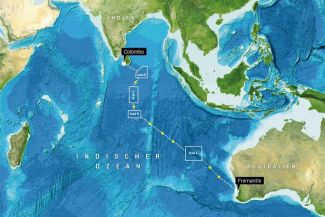 The planned expedition route with the different working areas in the Indian Ocean from June to July 2017.