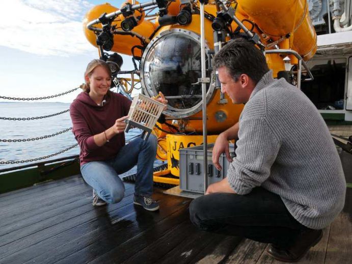 Janina B&uuml;scher und Dr. Armin Form (GEOMAR) betrachten Kaltwasserkorallen-Proben an Bord des Forschungsschiffs POSEIDON.