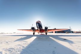 Frontal view of an AWI research aircraft at a stop in Barrow, Alaska