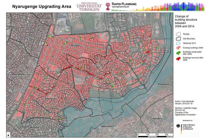 „Rapid Planning“ ist ein aktions- und anwenderorientiertes Forschungsprojekt (Zeitraum 2014 bis 2019), das in stark wachsenden Städten Antworten auf die Frage zu finden versucht, was Bürger und Behörden vor Ort für ein gutes Infrastruktur-Management benötigen. Kigali (Ruanda) steht als eins von vier urbanen Zentren im Fokus des Forschungsprojekts. Die Karte zeigt die Veränderung der Bebauungsstruktur in Nyarugenge (Kigali) zwischen 2009 und 2014.
Weitere Informationen finden Sie hier.