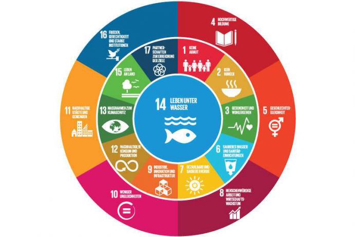Beziehungen der SDG im Themenfeld "Zukunft der Ozeane: Nahrung aus dem Meer" Am 9. und 10. Mai 2017 diskutierten mehr als 500 Expertinnen und Experten auf dem 13. Forum für Nachhaltigkeit des Bundesministeriums für Bildung und Forschung (BMBF) die Umsetzung der globalen Nachhaltigkeitsziele. Unter dem Motto "Was tun mit der Agenda 2030!" thematisierte die Konferenz die Umsetzung der 17 Ziele (Sustainable Development Goals – SDG) der Vereinten Nationen.
In den Workshops ging es darum, die wichtigsten Konflikte und Synergien für die Umsetzung der Nachhaltigkeitsziele zu identifizieren und erste Handlungsempfehlungen zu entwickeln. Im Workshop "W2: Zukunft der Ozeane: Nahrung aus dem Meer" stand SDG 14 im Fokus der Diskussion.