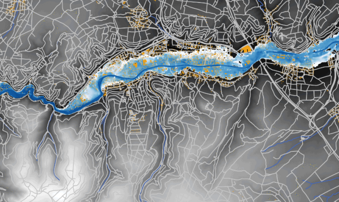 Wie tief, wie schnell und wie weit fließt das Wasser. Mit RIM2D kann das Flutgeschehen der nächsten 24 Stunden für einen typischen Anwendungsfall wie an der Ahr in weniger als einer Stunde simuliert werden. Das im KAHR-Projekt (weiter-)entwickelte Modell ist damit für eine präzisere Vorhersage von Hochwassergefährdung bei Starkregen geeignet.