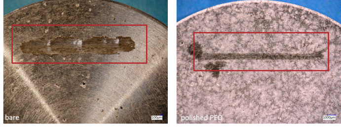 Eine spezielle Beschichtung (rechts) reduziert die Reibung von beweglichen Bauteilen und verringert so den Kraftstoffverbrauch bei gleichzeitiger Erhöhung der Verschleißbeständigkeit. Dieser innovative Verschleißschutz wurde im Projekt „Laser-Func-Light“ unter der BMBF-Dachmarke KMU-innovativ entwickelt und wird mittlerweile in verschiedenen Industriebranchen erfolgreich verwendet.