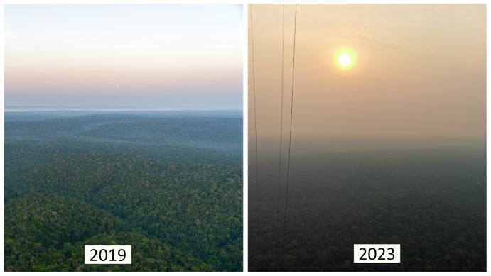In den Morgenstunden im September 2019 ist die Luft bis auf etwas Morgennebel klar. Zur selben Jahres- und Tageszeit 2023 ist die Luft deutlich sichtbar rauchgetrübt, verursacht durch die Brände aufgrund der extremen Dürre.