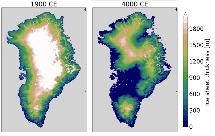 Links: Dicke des Eisschildes über Grönland um 1900. 
Rechts: Dicke des Eisschildes um 4000 n.Chr., simuliert mit einem Szenario unter der Annahme, dass sich die Temperaturen stark erhöhen und geringe Anstrengungen unternommen werden, die CO2-Emissionen zu reduzieren. Es ist deutlich zu erkennen, dass das Eisschild infolge der Treibhausgas-Emissionen durch menschliche Aktivitäten signifikante Eisverluste zu verzeichnen hat.