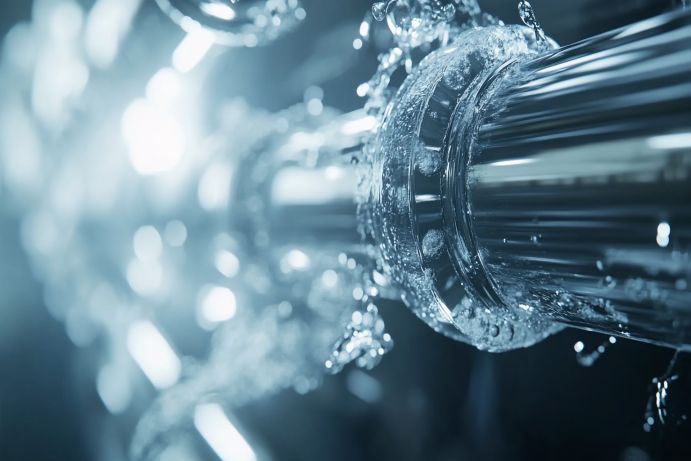 Close-up of water flowing through a silver pipe.