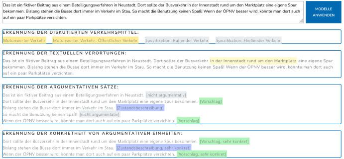 Über eine interaktive Website kann man selbst ausprobieren, welche Eigenschaften von Vorschlägen aus der Bürgerbeteiligung die von der Nachwuchsgruppe entwickelten KI-Modelle erkennen können. Dort kann man einen eigenen Beitrag eingeben und klassifizieren lassen.