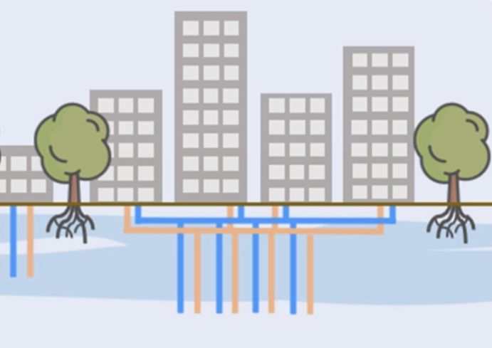 Schematische Darstellung: So spielen Gebäude, Vegetation, Mikroklima und der Untergrund zur Vermeidung von Hitzeinseleffekten im urbanen Raum zusammen.