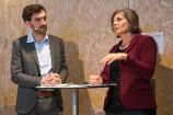 Friedemann Call (DLR PT) und Marie Luise Beck (DKK) bei der German Science Hour zum Thema „Communicating climate science" auf dem Deutschen Pavillon (COP 23, Bonn)