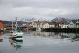 A local fishing vessel is leaving its home port on the Lofoten. Lofoten is known for a distinctive scenery with dramatic mountains and peaks, open sea and sheltered bays, beaches and untouched lands. Though lying within the Arctic Circle, the archipelago experiences one of the world's largest elevated temperature anomalies relative to its high latitude.