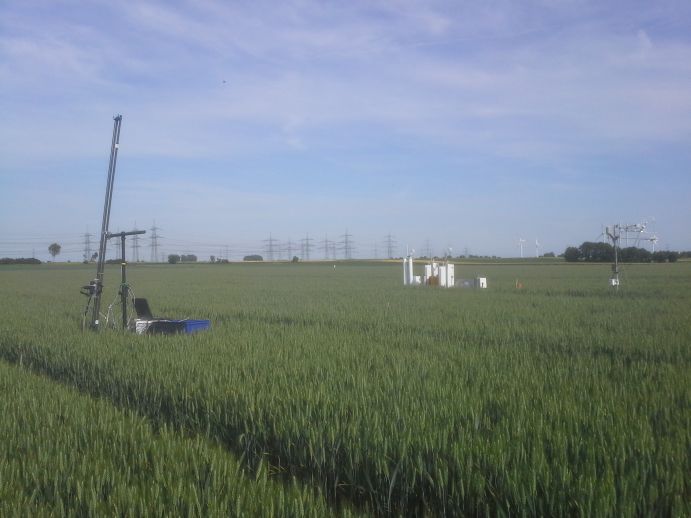 Measurement of the exchange of CO2 and water vapor between a field and the atmosphere. Measurement of the exchange of CO2 and water vapor between a field and the atmosphere.