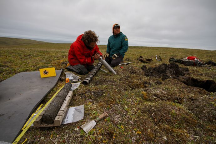 Field Station at the Ice Creek. Extracted core from the permafrost soil, Yukon, Canada Field Station at the Ice Creek. Extracted core from the permafrost soil, Yukon, Canada