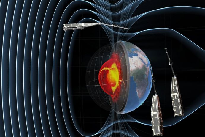 Querschnitt der Erdkugel bis zum Erdkern. Dar&uuml;ber sind mit Kreisen das Gravitationsfeld der Erde dargestellt. 3 Satelliten schweben &uuml;ber der Erdkugel.