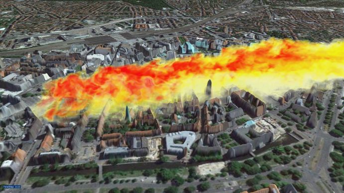 Schadstoffkonzentration nach einem fiktiven Schadfeuer am Steintor-Platz in Hannover. Rot = hohe, gelb = mäßige Konzentration. Die Rauchfahne zieht über die Altstadt von Hannover.