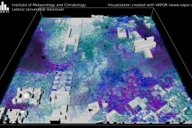 Shown is the turbulence intensity in the Berlin government district, simulated with the PALM-4U model. PALM-4U stands for Parallelized Large-Eddy Simulation 4 (for) Urban Applications.