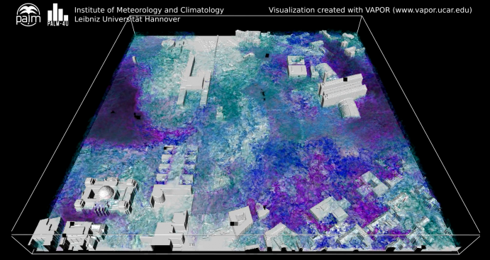 High-resolution computer simulation for the Berlin government district with the new urban climate model PALM-4U. Shown is the turbulence intensity in the Berlin government district, simulated with the PALM-4U model. PALM-4U stands for Parallelized Large-Eddy Simulation 4 (for) Urban Applications.