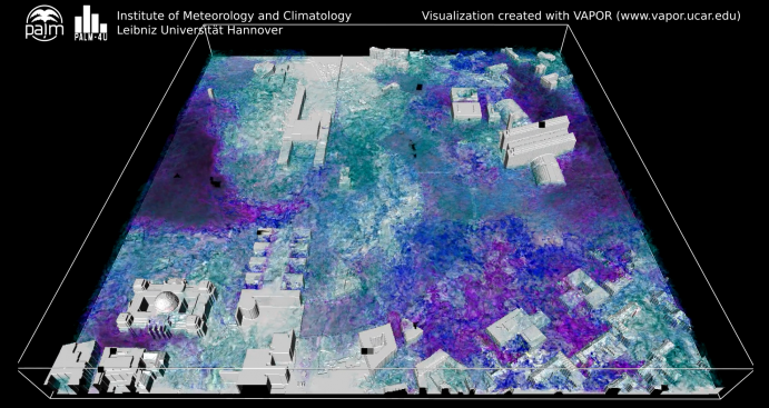 Shown is the turbulence intensity in the Berlin government district, simulated with the PALM-4U model. PALM-4U stands for Parallelized Large-Eddy Simulation 4 (for) Urban Applications.