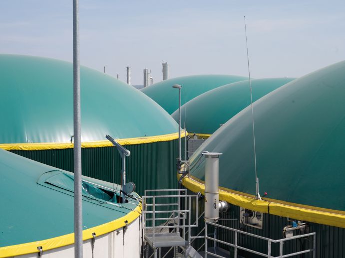 Blick auf mehrere Biogasanlagen, die dicht nebeneinander stehen.