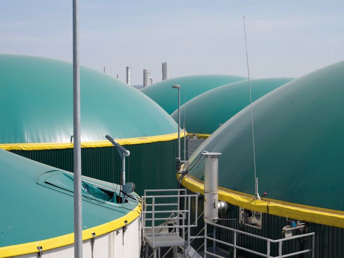 Das deutsch-senegalesische Projekt LoSENS entwickelt lokal angepasste Lösungsansätze zur Energieeffizienz und zum Ausbau Erneuerbarer Energien. Blick auf mehrere Biogasanlagen, die dicht nebeneinander stehen.