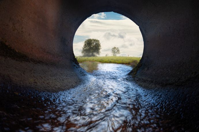 In „AquaticPollutants“ werden Projekte zur Erforschung von Verunreinigungen im gesamten Wasserkreislauf gefördert. Blick aus einem Abwasserrohr in die Landschaft.