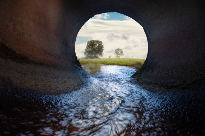 Blick aus einem Abwasserrohr in die Landschaft.