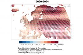 Abweichung der Klimavorhersage (5-Jahresmittel) von der Klimatologie im Zeitraum 1981-2010