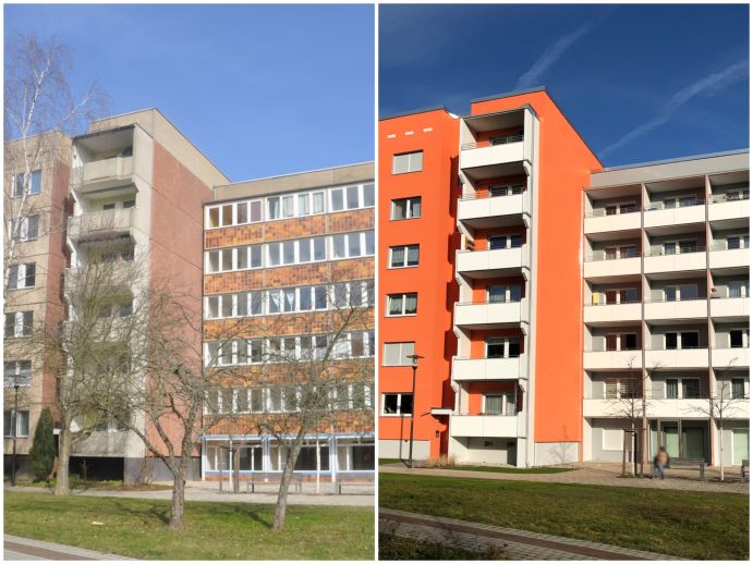Vorher-nachher-Effekt: Die Haussanierung bewirkt eine Verbesserung der Lebensqualität. Referenzgebäude einer Sanierung in Dresden aus den Jahren 2018 und 2020; das BMBF-Zukunftsstadtprojekt HeatResilientCity forscht zum Thema: Hitzeresiliente Stadt- und Quartiersentwicklung in Großstädten; hier wurde u.a. eine Fassadensanierung an einem Wohngebäude vorgenommen
