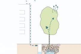 Im Rahmen des Forschungsprojektes „BlueGreenStreets“ wurden im Frühjahr 2020 in der Hölertwiete in Hamburg-Harburg erste Baumrigolen gebaut. Regenwasser von benachbarten Dächern wird den Baumgruben über einen Speicherschacht zugeführt. In der Baumgrubensohle wird eine dichtende Schicht eingebracht, wodurch etwa 1.000 l Wasser für Trockenzeiten gespeichert werden können. Um Aussagen zur Funktionalität hinsichtlich Regenwasserversickerung und Baumvitalität zu treffen, wird kontinuierlich die Wasser- und Luftverfügbarkeit in verschiedenen Tiefen im Boden gemessen. 