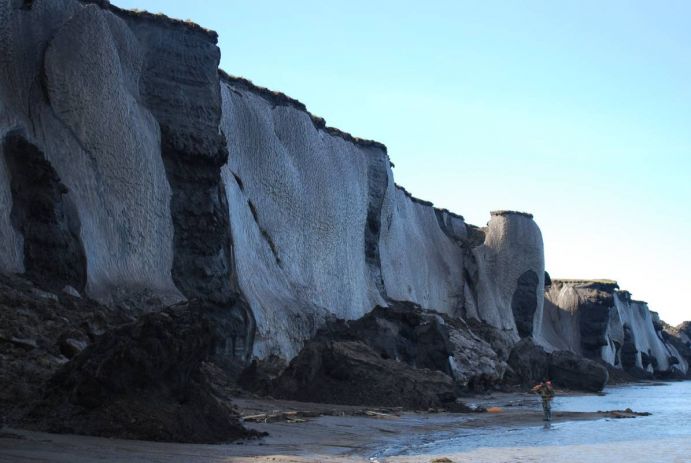 Ein Wissenschaftler steht unterhalb des eisreichen Sobo-Sise Kliff mit abgebrochenen Blöcken am Strand der Lena. Uferkante am Lena-Fluss