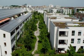 Wohnquartiere aus der Vogelperspektive mit grüner Infrastruktur in München.