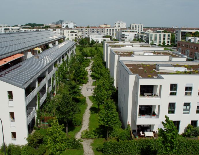 Wohnquartiere aus der Vogelperspektive mit grüner Infrastruktur in München.