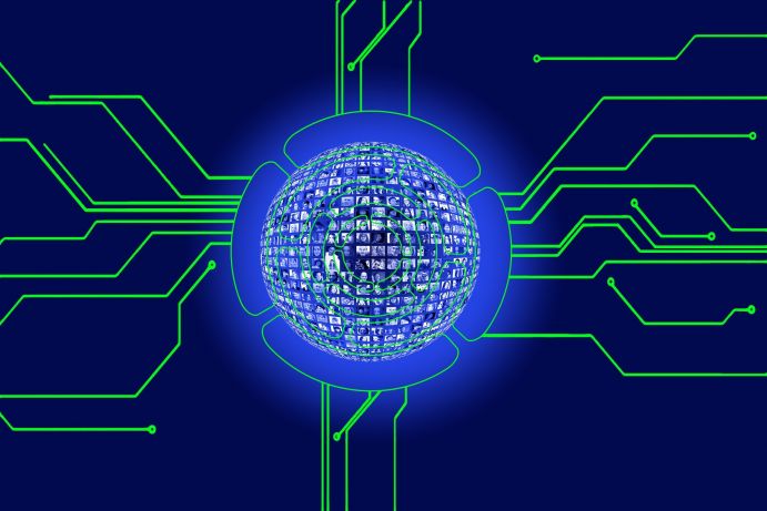 Visualisierung des Themas Digitalisierung mit grafischer Darstellung einer Platine mit fabigen Leiterbahnen