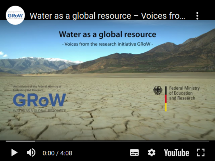 Das Video “Water as a Global Resource – Voices from the research initiative GRoW” fasst Stimmen und Handlungsempfehlungen von Beteiligten der BMB-Fördermaßnahme GRoW zusammen Screenshot vom Video “Water as a Global Resource – Voices from the research initiative GRoW”