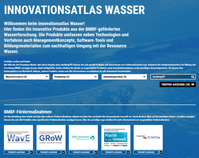 Der online Innovationsatlas Wasser gibt kostenlosen Zugriff auf Technologien, Verfahren und weitere Produkte der Wasserforschung Screenshot des Innovationsatals Wasser