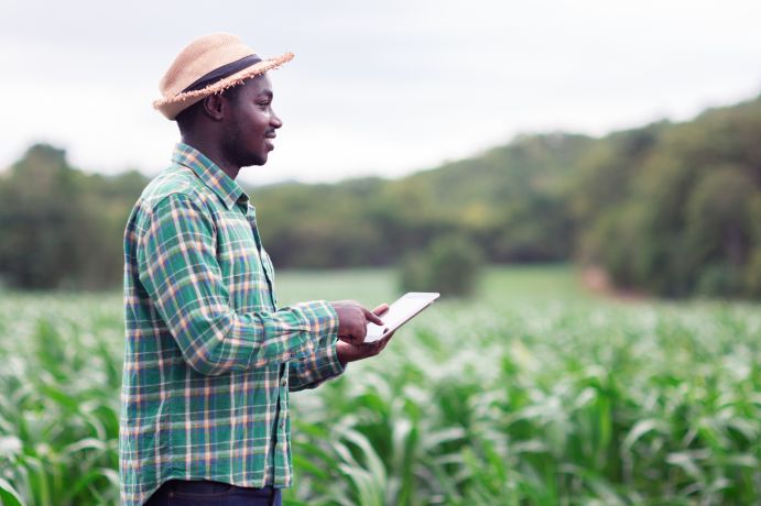 Die Digitalisierung bietet viel Potenzial für ein nachhaltiges Landmanagement in Afrika. Ein Landwirt steht mit einem Tablet auf einem Feld.
