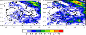 Dicke der Wolken (Gramm pro Quadratmeter) für ein Extremwetterereignis über Nordostdeutschland (29. Juni 2017) für geringe (links) und starke (rechts) Aerosolbelastung, wie sie mit dem hochaufgelösten Modell simuliert wird. Die Intensität der Gewitterwolken in der verschmutzten Atmosphäre ist deutlich erhöht. Grafik