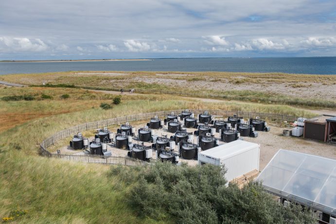 Blick auf die erweiterte AWISOM (AWI Sylt Outdoor Mesokosmen-Anlage) aus der Vogelperspektive. Die Experimentalanlage aus der Vogelperspektive