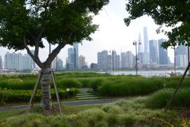 Das Foto zeigt neu erschlossene Grünanlagen entlang alter Werftanlagen am Huangpu-Fluss in der Metropole Shanghai. Im Hintergrund ist die Skyline von Pudong, dem bekannten Finanzdistrikt von Shanghai erkennbar.