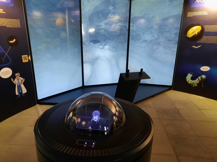 Die Ausstellung „Grundwasser lebt“ präsentiert Ergebnisse aus dem BMBF-Projekt „Biologisches Trink- und Grundwassermanagement“ (Bio-TGW) 3D-Modell eines Grundwassertiers vor Auststellungswänden