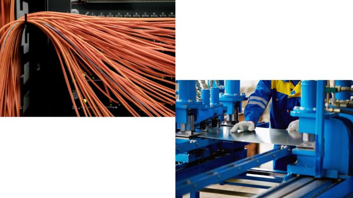Netzinfrastruktur - Verarbeitung eines Metallblechs an einer Presse Netzinfrastruktur - Verarbeitung eines Metallblechs an einer Presse