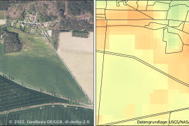 Regionale Klimadaten bilden die Basis für erfolgreiche Maßnahmen zur Klimaanpassung. Der Landschaftsausschnitt aus dem Landkreis Elbe-Elster, der auf der linken Seite abgebildet ist, ist rechts als Thermalkomposit dargestellt. Dieser zeigt die skalierte Landoberflächentemperatur, welche zwischen 0 und 1 liegt; je geringer der Wert, umso kühler ist die Landoberfläche. Für die Darstellung wurden alle verfügbaren Thermalszenen der Monate Mai bis September aus den Jahren 2013 bis 2020 gemittelt.