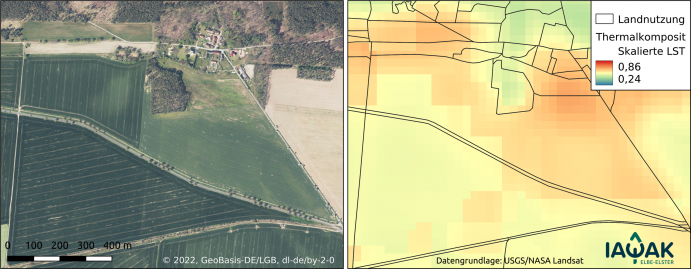 Regionale Klimadaten bilden die Basis für erfolgreiche Maßnahmen zur Klimaanpassung. Der Landschaftsausschnitt aus dem Landkreis Elbe-Elster, der auf der linken Seite abgebildet ist, ist rechts als Thermalkomposit dargestellt. Dieser zeigt die skalierte Landoberflächentemperatur, welche zwischen 0 und 1 liegt; je geringer der Wert, umso kühler ist die Landoberfläche. Für die Darstellung wurden alle verfügbaren Thermalszenen der Monate Mai bis September aus den Jahren 2013 bis 2020 gemittelt. Regionale Klimadaten bilden die Basis für erfolgreiche Maßnahmen zur Klimaanpassung. Der Landschaftsausschnitt aus dem Landkreis Elbe-Elster, der auf der linken Seite abgebildet ist, ist rechts als Thermalkomposit dargestellt. Dieser zeigt die skalierte Landoberflächentemperatur, welche zwischen 0 und 1 liegt; je geringer der Wert, umso kühler ist die Landoberfläche. Für die Darstellung wurden alle verfügbaren Thermalszenen der Monate Mai bis September aus den Jahren 2013 bis 2020 gemittelt.
