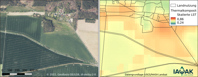 Regionale Klimadaten bilden die Basis für erfolgreiche Maßnahmen zur Klimaanpassung. Der Landschaftsausschnitt aus dem Landkreis Elbe-Elster, der auf der linken Seite abgebildet ist, ist rechts als Thermalkomposit dargestellt. Dieser zeigt die skalierte Landoberflächentemperatur, welche zwischen 0 und 1 liegt; je geringer der Wert, umso kühler ist die Landoberfläche. Für die Darstellung wurden alle verfügbaren Thermalszenen der Monate Mai bis September aus den Jahren 2013 bis 2020 gemittelt.