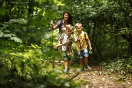 Frau wandert mit Kindern durch den Wald