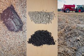 Vermengung von Gesteinsmehl mit Ausgangsmaterial für Pflanzenkohle und Ausbringung durch landwirtschaftliche Nutzfahrzeuge auf Feldern sorgen für beschleunigtes Pflanzenwachstum.