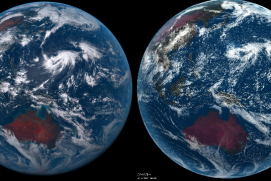 Foto links: Echtfarbaufnahme der Erde durch den Wettersatelliten Himawari 8 vom 04.08.2016. 
Bild rechts: Rechnergestützte Simulation der Erde für den gleichen Tag mit globalem Klimamodell (WarmWorld) in einer Auflösung von 2,5 mal 2,5 Kilometern.
Die beiden Abbildungen zeigen im Vergleich, wie genau das globale Klimamodell WarmWorld in Zukunft arbeiten wird: Die Simulation im Klimamodell WarmWorld (rechts) ergibt ein fast identisches Bild zur Original-Aufnahme des Satelliten von der Erde (links).
