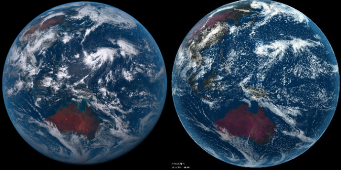 Foto links: Echtfarbaufnahme der Erde durch den Wettersatelliten Himawari 8 vom 04.08.2016.
Bild rechts: Rechnergestützte Simulation der Erde für den gleichen Tag mit globalem Klimamodell (WarmWorld) in einer Auflösung von 2,5 mal 2,5 Kilometern.
Die beiden Abbildungen zeigen im Vergleich, wie genau das globale Klimamodell WarmWorld in Zukunft arbeiten wird: Die Simulation im Klimamodell WarmWorld (rechts) ergibt ein fast identisches Bild zur Original-Aufnahme des Satelliten von der Erde (links).
Foto links: Echtfarbaufnahme der Erde durch den Wettersatelliten Himawari 8 vom 04.08.2016.
Bild rechts: Rechnergestützte Simulation der Erde für den gleichen Tag mit globalem Klimamodell (WarmWorld) in einer Auflösung von 2,5 mal 2,5 Kilometern.
Die beiden Abbildungen zeigen im Vergleich, wie genau das globale Klimamodell WarmWorld in Zukunft arbeiten wird: Die Simulation im Klimamodell WarmWorld (rechts) ergibt ein fast identisches Bild zur Original-Aufnahme des Satelliten von der Erde (links).